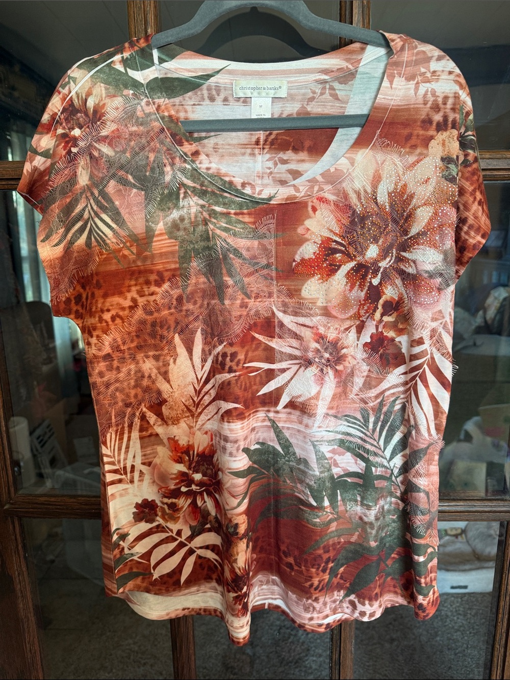 Christopher & Banks Mixed Media Floral Leopard Rhinestone Lace Top Rust Orange M